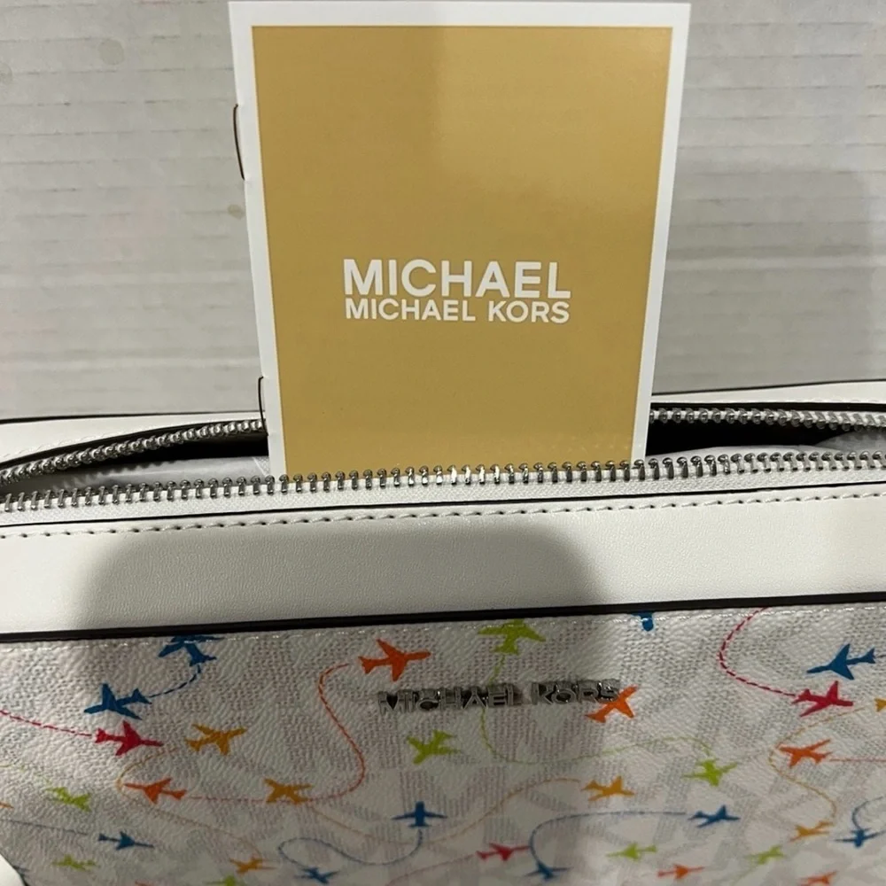 Michael Kors RARE Optic White W/Colorful Airplanes Crossbody